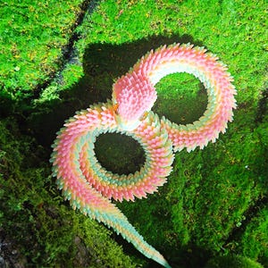 May include: A colorful, stylized snake sculpture in shades of pink, yellow, and green, resting on a bed of green moss. The snake is made of repeating, textured segments, creating a unique, artistic design. The sculpture is a decorative item.