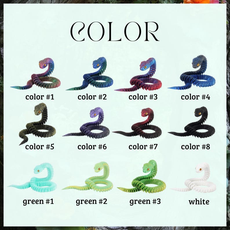 May include: A color chart displaying twelve articulated snake figurines in various shades. The snakes are labeled color #1 through color #8, green #1 through green #3, and white. Each snake features a textured, segmented body and yellow eyes.