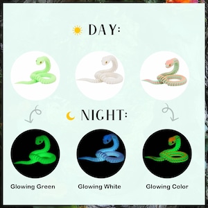 May include: A set of three articulated snake toys shown in day and night conditions. The snakes appear in light green, white, and a multi-colored pattern. At night, they glow in green, blue, and a vibrant green-orange combination respectively.