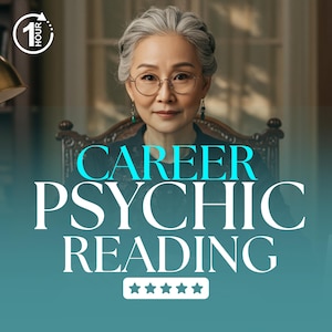 Pode incluir: Imagem de uma mulher com cabelo grisalho e óculos, sentada em uma cadeira. O texto "CAREER PSYCHIC READING" é exibido em branco, com cinco estrelas abaixo. Um ícone de relógio com o número "1" está no canto superior esquerdo.