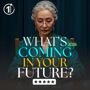Op de afbeelding: Een vrouw met grijs haar en een bril, gekleed in een teal top, bekijkt tarotkaarten. De tekst "WHAT'S COMING IN YOUR FUTURE?" staat in turquoise en geel. De afbeelding bevat ook de tekst "2026" en een "1 HOUR" logo.