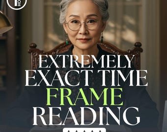 May include: An image featuring a woman with gray hair and glasses, seated in a chair. The text on the image reads "EXTREMELY EXACT TIME FRAME READING" in white and green. There are five stars at the bottom of the image.