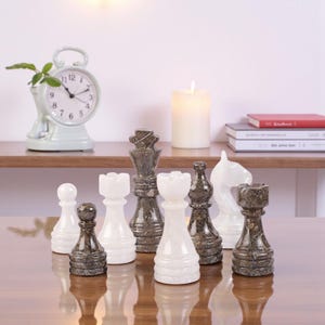 Marble Chess Pieces: Oceanic Grey & White Stone Figures with Elegant Chess Set