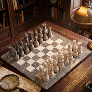 May include: A chess set with a marble board and stone pieces. The dark pieces are grey, and the light pieces are off-white. The board is set on a brown leather surface, with a magnifying glass and map in the foreground.