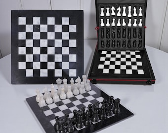 Handmade Marble Chess Set – Black & White Luxury Stone Board, Unique Vintage-Style Chess Pieces