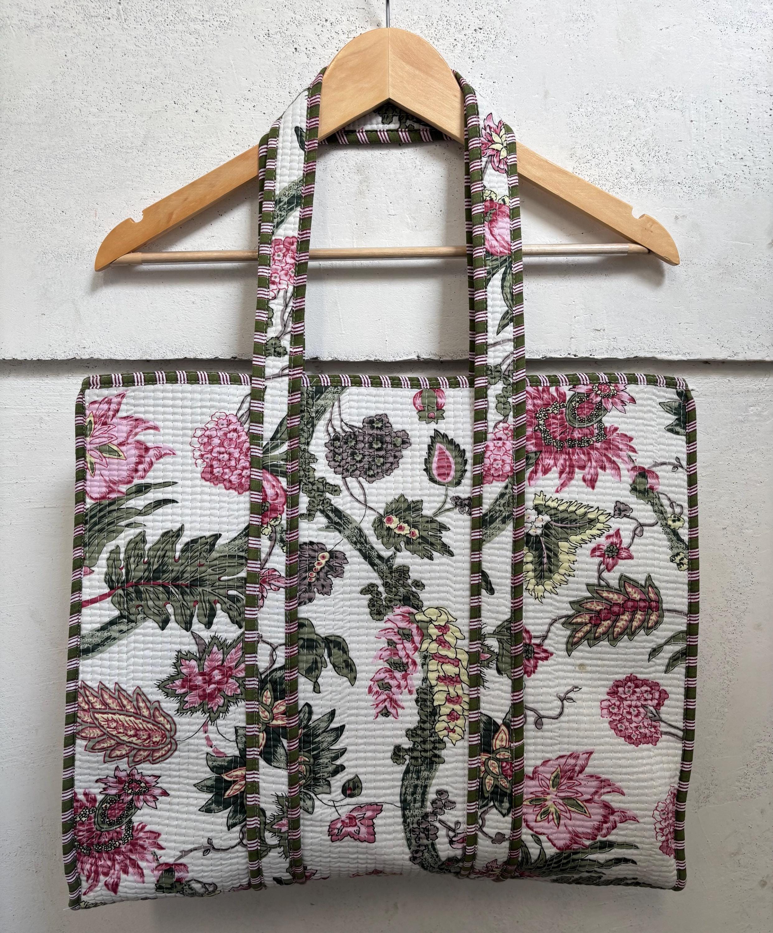 花柄キルティングコットントートバッグ：インドエスニックショッパー