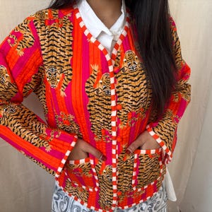 Handmade Quilted Cotton Jacket – Vibrant Orange Tiger Print, Reversible Artisan Coat
