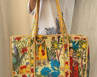 Gewatteerde katoenen draagtas met bloemenprint, Frida schoudertas, boho reistas