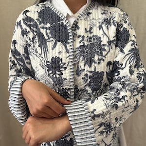 Hand-Block Print Quilted Cotton Jacket – Reversible Bird Motif Artisan Coat