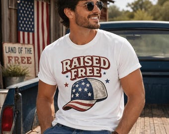 Raised Free Trucker Shirt, Patriotic Hat Tee, American Workwear Shirt, USA Freedom Tee, Country Lifestyle Shirt