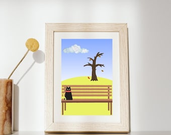 Impression minimaliste chat sur banc : oeuvre d'art murale automnale