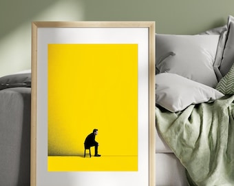 Retro Yellow Minimalist Wall Art | Modern Bold Abstract Man Sitting Print | Contemporary Poster for Living Room Office or Studio Décor