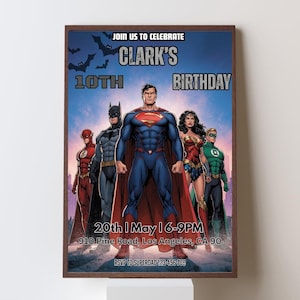 May include: A framed birthday party invitation featuring DC Comics superheroes: The Flash, Batman, Superman, Wonder Woman, and Green Lantern. The invitation reads "Join us to celebrate Clark's 10th Birthday" with event details and RSVP information.