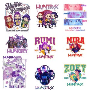 A collage of high-resolution digital clipart featuring the Huntrix Kpop Demon Hunters girl group. The designs showcase characters Mira, Rumi, and Zoey in various art styles including retro 90s anime, adorable chibi, and bold graphic text. High-quality transparent PNG bundle designed for t-shirt sublimation and crafting.