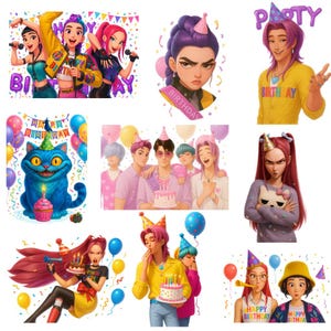 A colorful digital collage showcasing a bundle of 50 Kpop Demon Hunters birthday-themed clipart designs. The highly detailed 3D animated graphics feature Saja Boys and Huntrix characters wearing party hats, holding birthday cakes, and surrounded by balloons and confetti. High-resolution transparent PNG and JPG bundle formatted at 14 inches and 300 DPI, designed for party invitations and sublimation crafting.