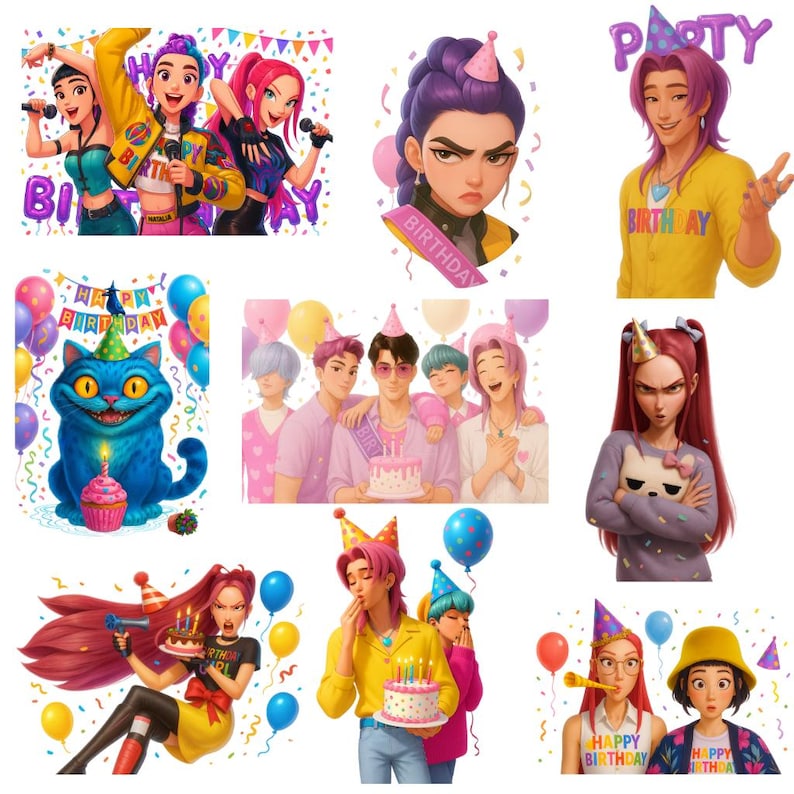 A colorful digital collage showcasing a bundle of 50 Kpop Demon Hunters birthday-themed clipart designs. The highly detailed 3D animated graphics feature Saja Boys and Huntrix characters wearing party hats, holding birthday cakes, and surrounded by balloons and confetti. High-resolution transparent PNG and JPG bundle formatted at 14 inches and 300 DPI, designed for party invitations and sublimation crafting.