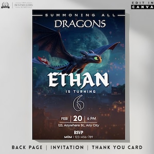 May include: A digitally designed invitation card with a dragon theme. The card features a black dragon flying in front of a full moon. The text reads "SUMMONING ALL DRAGONS" and "ETHAN IS TURNING 6". The date and time of the event are also included.