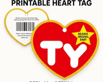 Peut inclure: Une étiquette en forme de cœur imprimable extra large mesurant 19,69 cm de large sur 17,15 cm de haut. Le recto est rouge avec un logo Ty blanc et une étoile jaune indiquant Beanie Original Baby. Le verso est blanc avec un code-barres.