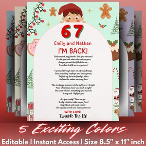Puede incluir: Un cartel navideño imprimible de 8,5 por 11 pulgadas con un elfo de dibujos animados, hombres de jengibre y luces. El texto dice 67, Emily and Nathan, I'M BACK!, un poema y WITH LOVE Twinkle The Elf sobre un fondo de color verde claro.