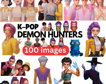 Paquete de más de 100 imágenes PNG de cazadores de demonios de Kpop, imágenes prediseñadas de Saja Boys y Huntrix, diseño de sublimación para camisetas de grupos de Kpop, descarga digital de alta resolución.