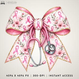May include: A large decorative bow featuring a light pink background with a pattern of pink breast cancer awareness ribbons and floral illustrations. A pink stethoscope is draped over the center of the bow, which has gold glitter edges.