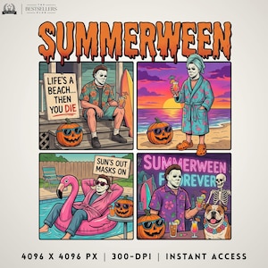 Summerween PNG, kuslig sommarsublimering, rolig skräckstrandclipart, Halloween i juli-design, solskensmasker på grafik