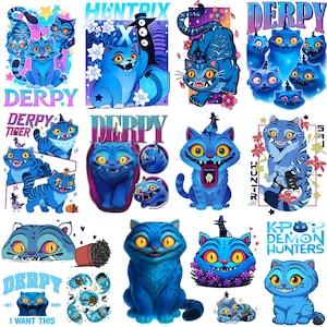 Peut inclure: Plusieurs illustrations de chats bleus avec divers motifs et textes. Les chats ont de grands yeux jaunes et sont représentés dans différentes poses. Certaines illustrations incluent du texte comme "DERPY", "HUNTRIX" et "KPOP DEMON HUNTERS".