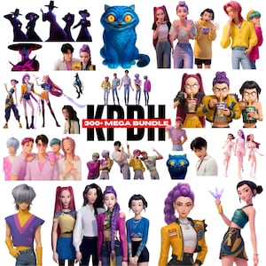 May include: A collection of digital art featuring stylized characters in various poses and outfits. The images include a large blue cat with glowing eyes, groups of people, and the text "300+ MEGA BUNDLE". The art style is reminiscent of animation.