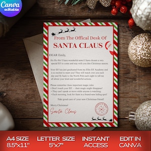 Puede incluir: Una carta festiva de Papá Noel, con un borde rojo y verde. El membrete dice "From The Offical Desk Of SANTA CLAUS" e incluye un mensaje a "Emily" sobre un Elfo especial. La parte inferior de la carta incluye el texto "A4 SIZE 8.5"x11" LETTER SIZE 5"x7" INSTANT ACCESS EDIT IN CANVA".