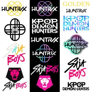 Peut inclure: Plusieurs logos et motifs textuels, dont "HUNTRX", "K-POP DEMON HUNTERS" et "SAJA BOYS". Les motifs présentent diverses combinaisons de couleurs, comme l'or, le noir, le blanc, le rose et des dégradés irisés, avec des polices stylisées et des éléments graphiques.