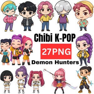 Chibi Kpop Demon Hunters Clipart, Cute kawaii kpop PNG, KPDH Chibi Edition, Instant Download PNG Huntr/x, Rumi, zoey, mira, saja boys, jinu