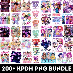 Pode incluir: Uma coleção de gráficos PNG coloridos com vários personagens de desenhos animados, texto e designs. As imagens incluem o texto "SAJA BOYS", "HUNTRAX" e "200+ KPDH PNG BUNDLE". Os gráficos são em uma variedade de estilos e cores.