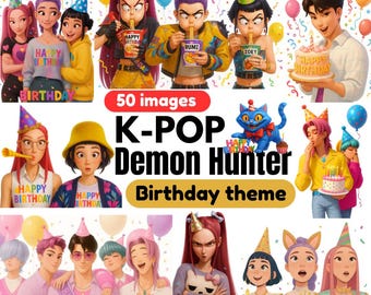 50 Kpop Demon Hunters Birthday PNG Bundle, Saja Boys Huntrix Party Clipart, Kpop Invitation Sublimation Design, Digital Download