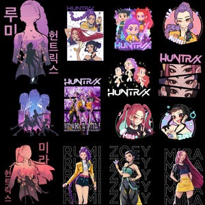 A collage of high-resolution digital clipart featuring the Huntrix Kpop Demon Hunters girl group. The designs showcase characters Mira, Rumi, and Zoey in various art styles including retro 90s anime, adorable chibi, and bold graphic text. High-quality transparent PNG bundle designed for t-shirt sublimation and crafting.