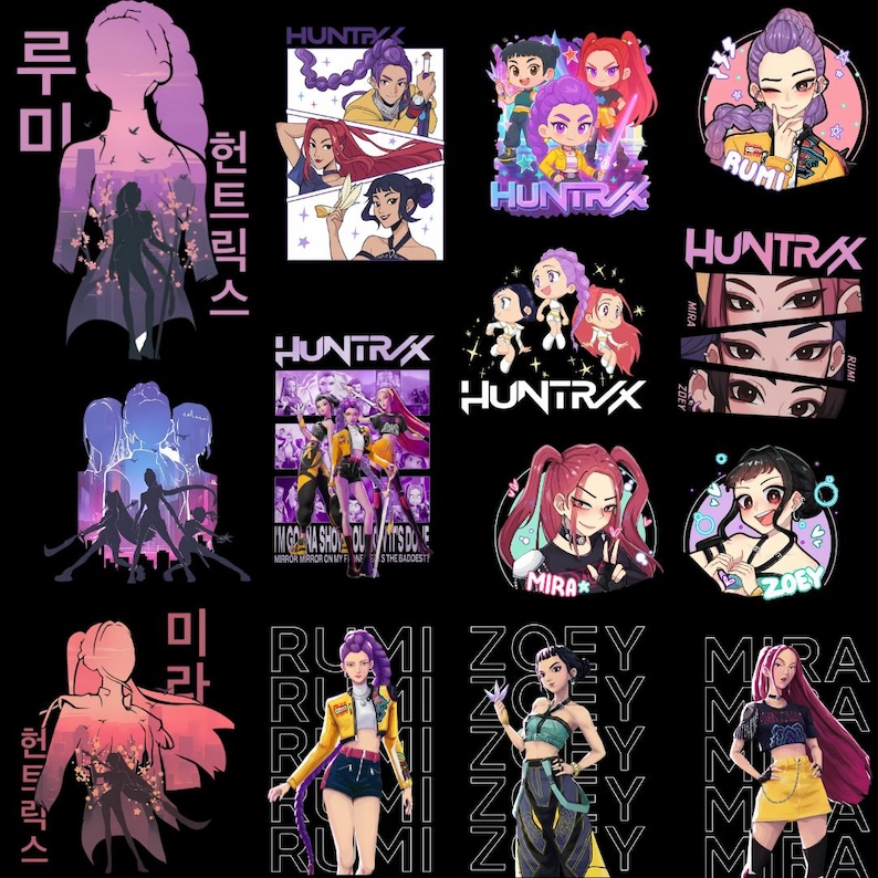 A collage of high-resolution digital clipart featuring the Huntrix Kpop Demon Hunters girl group. The designs showcase characters Mira, Rumi, and Zoey in various art styles including retro 90s anime, adorable chibi, and bold graphic text. High-quality transparent PNG bundle designed for t-shirt sublimation and crafting.
