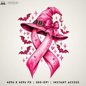 May include: A bright pink witch hat with a black buckle and a large bow, positioned above a pink awareness ribbon. The design is decorated with small pink hearts, sparkling stars, and several glittery pink bats, with a crescent moon charm.