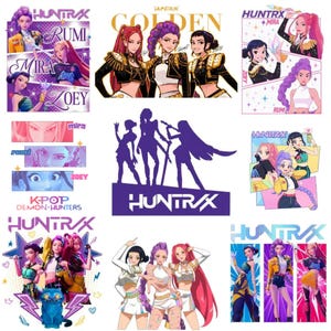 A collage of high-resolution digital clipart featuring the Huntrix Kpop Demon Hunters girl group. The designs showcase characters Mira, Rumi, and Zoey in various art styles including retro 90s anime, adorable chibi, and bold graphic text. High-quality transparent PNG bundle designed for t-shirt sublimation and crafting.