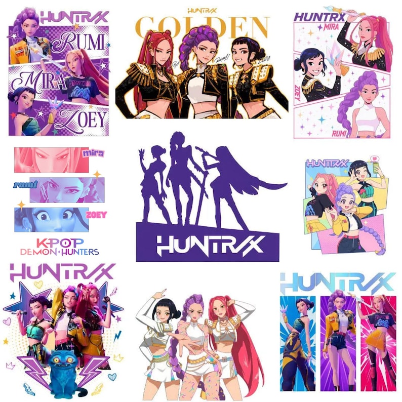 A collage of high-resolution digital clipart featuring the Huntrix Kpop Demon Hunters girl group. The designs showcase characters Mira, Rumi, and Zoey in various art styles including retro 90s anime, adorable chibi, and bold graphic text. High-quality transparent PNG bundle designed for t-shirt sublimation and crafting.