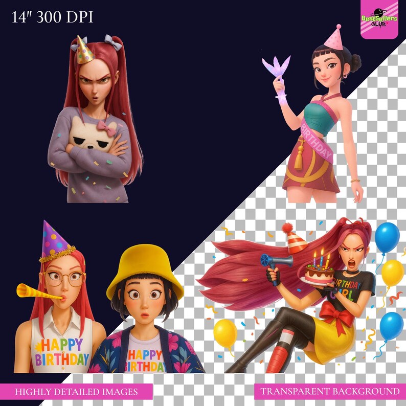 A colorful digital collage showcasing a bundle of 50 Kpop Demon Hunters birthday-themed clipart designs. The highly detailed 3D animated graphics feature Saja Boys and Huntrix characters wearing party hats, holding birthday cakes, and surrounded by balloons and confetti. High-resolution transparent PNG and JPG bundle formatted at 14 inches and 300 DPI, designed for party invitations and sublimation crafting.