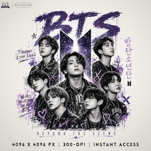BTS OT7 lila collage, BTS PNG, K-Pop fanskjortadesign, lila estetiskt Bangtan-porträttcollage, sublimering, omedelbar digital nedladdning