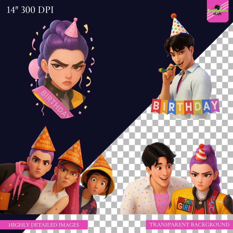 A colorful digital collage showcasing a bundle of 50 Kpop Demon Hunters birthday-themed clipart designs. The highly detailed 3D animated graphics feature Saja Boys and Huntrix characters wearing party hats, holding birthday cakes, and surrounded by balloons and confetti. High-resolution transparent PNG and JPG bundle formatted at 14 inches and 300 DPI, designed for party invitations and sublimation crafting.