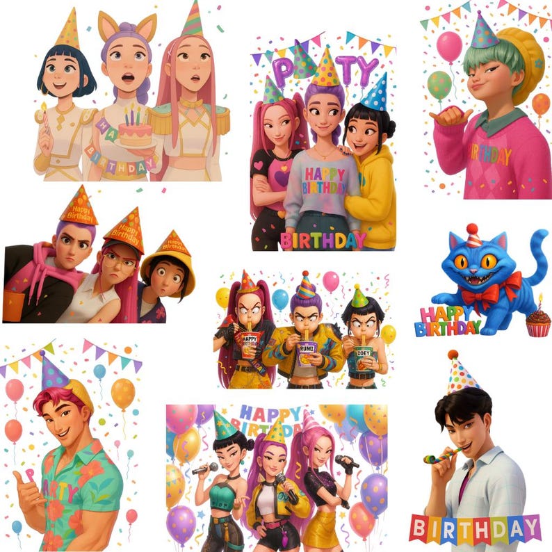 A colorful digital collage showcasing a bundle of 50 Kpop Demon Hunters birthday-themed clipart designs. The highly detailed 3D animated graphics feature Saja Boys and Huntrix characters wearing party hats, holding birthday cakes, and surrounded by balloons and confetti. High-resolution transparent PNG and JPG bundle formatted at 14 inches and 300 DPI, designed for party invitations and sublimation crafting.
