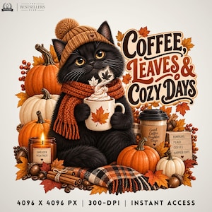 Puede incluir: Un gato negro con gorro y bufanda de punto marrón sostiene una taza con diseño de hoja de arce. La imagen incluye calabazas, hojas de otoño, una vela con la etiqueta Sweater Weather, un café y el texto Coffee, Leaves & Cozy Days.