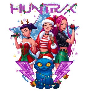 Puede incluir: Ilustración de tres mujeres con atuendos festivos, sosteniendo micrófonos, con un gato azul adornado con luces navideñas. La imagen presenta la palabra "HUNTRAX" arriba, con rayos y cajas de regalo. Las mujeres visten trajes rojos, verdes y negros.