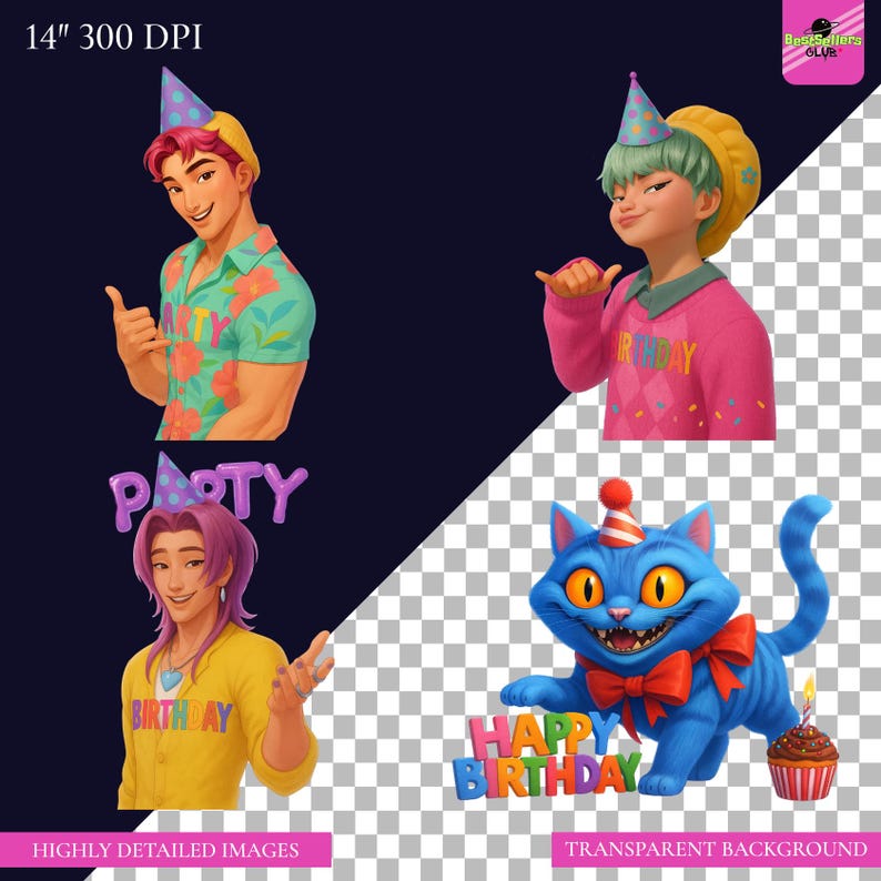 A colorful digital collage showcasing a bundle of 50 Kpop Demon Hunters birthday-themed clipart designs. The highly detailed 3D animated graphics feature Saja Boys and Huntrix characters wearing party hats, holding birthday cakes, and surrounded by balloons and confetti. High-resolution transparent PNG and JPG bundle formatted at 14 inches and 300 DPI, designed for party invitations and sublimation crafting.