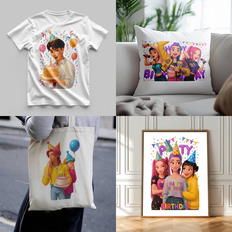 A product mockup displaying a festive Kpop Demon Hunters birthday design applied to physical party merchandise. The vivid print features an anime idol character with a party hat and cake, highlighting the crisp 300 DPI details and vibrant colors of the transparent PNG clipart, perfect for custom birthday t-shirts and party favors.