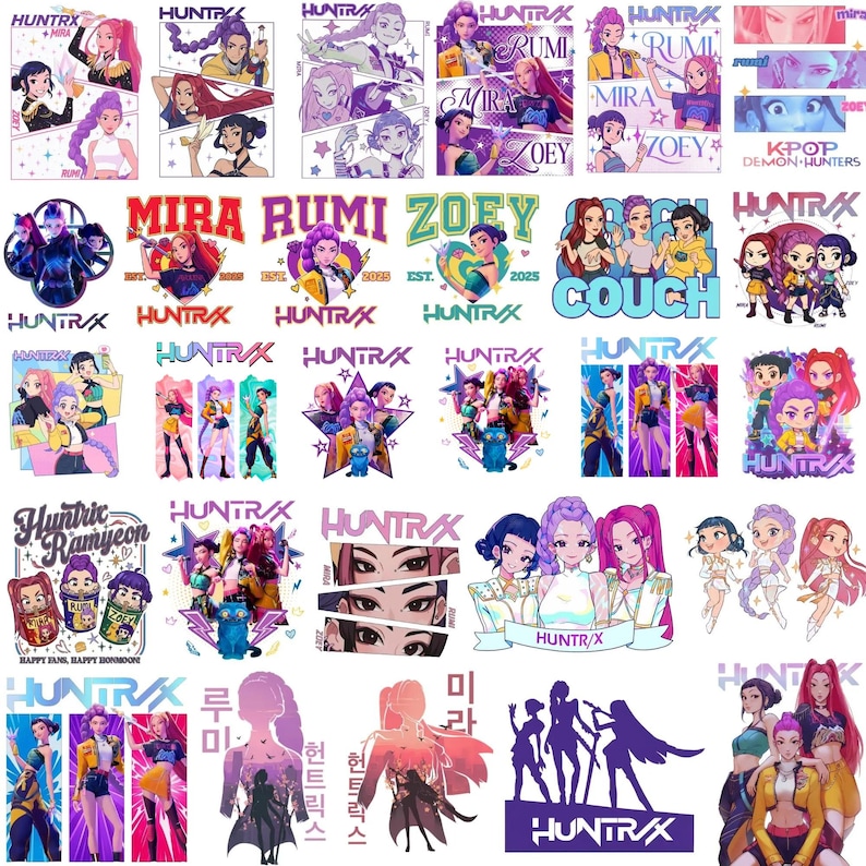 A collage of high-resolution digital clipart featuring the Huntrix Kpop Demon Hunters girl group. The designs showcase characters Mira, Rumi, and Zoey in various art styles including retro 90s anime, adorable chibi, and bold graphic text. High-quality transparent PNG bundle designed for t-shirt sublimation and crafting.