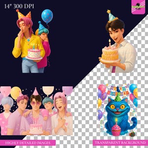 A colorful digital collage showcasing a bundle of 50 Kpop Demon Hunters birthday-themed clipart designs. The highly detailed 3D animated graphics feature Saja Boys and Huntrix characters wearing party hats, holding birthday cakes, and surrounded by balloons and confetti. High-resolution transparent PNG and JPG bundle formatted at 14 inches and 300 DPI, designed for party invitations and sublimation crafting.