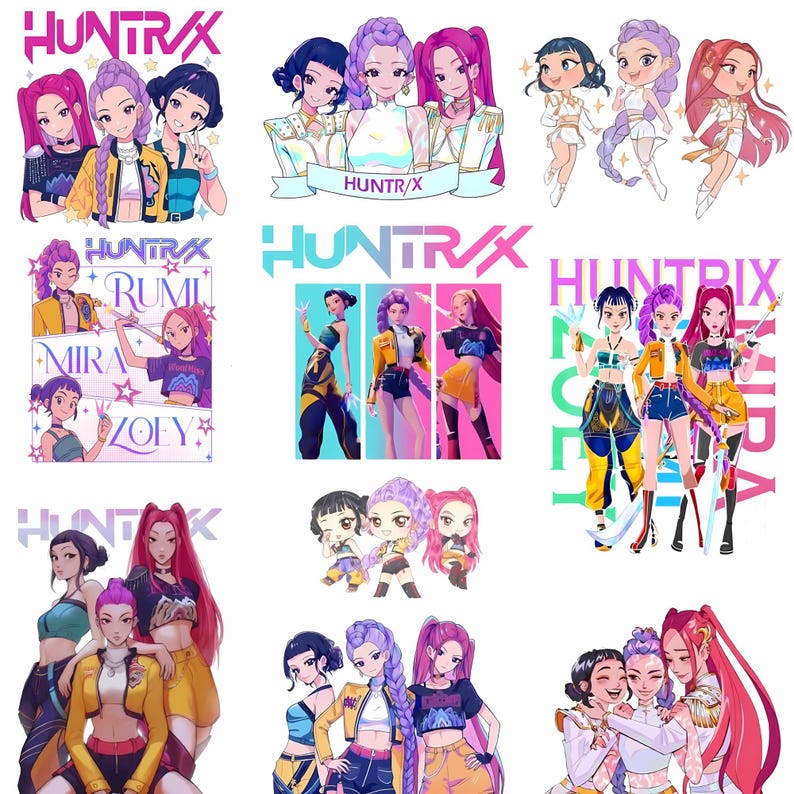 A collage of high-resolution digital clipart featuring the Huntrix Kpop Demon Hunters girl group. The designs showcase characters Mira, Rumi, and Zoey in various art styles including retro 90s anime, adorable chibi, and bold graphic text. High-quality transparent PNG bundle designed for t-shirt sublimation and crafting.