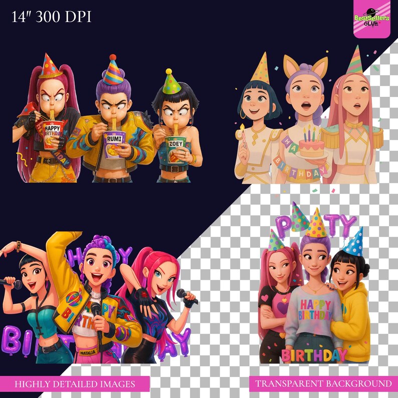 A colorful digital collage showcasing a bundle of 50 Kpop Demon Hunters birthday-themed clipart designs. The highly detailed 3D animated graphics feature Saja Boys and Huntrix characters wearing party hats, holding birthday cakes, and surrounded by balloons and confetti. High-resolution transparent PNG and JPG bundle formatted at 14 inches and 300 DPI, designed for party invitations and sublimation crafting.